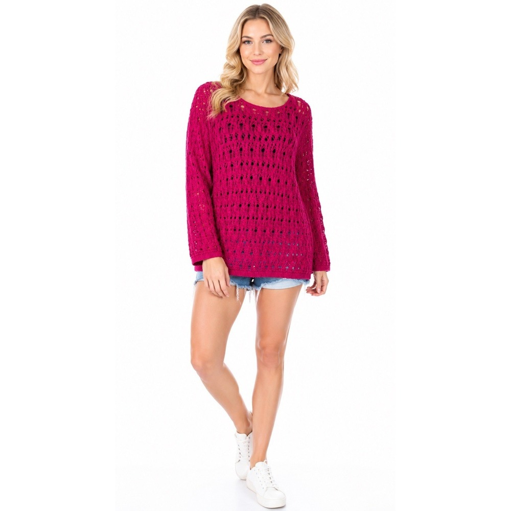 Chico's Open Knit Crochet Scoop Neck Long‎ Sleeve Relaxed Boho Sweater Top XL